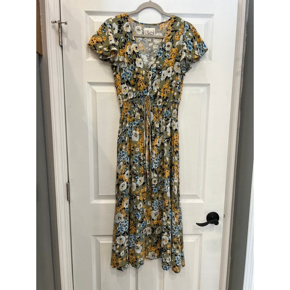 Sunday Mi Amor Midi Dress Rayon Floral Boho Cottagecore Olive Green Romantic
